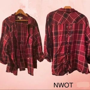 Corset Back Long Sleeve Flannel Button Up
